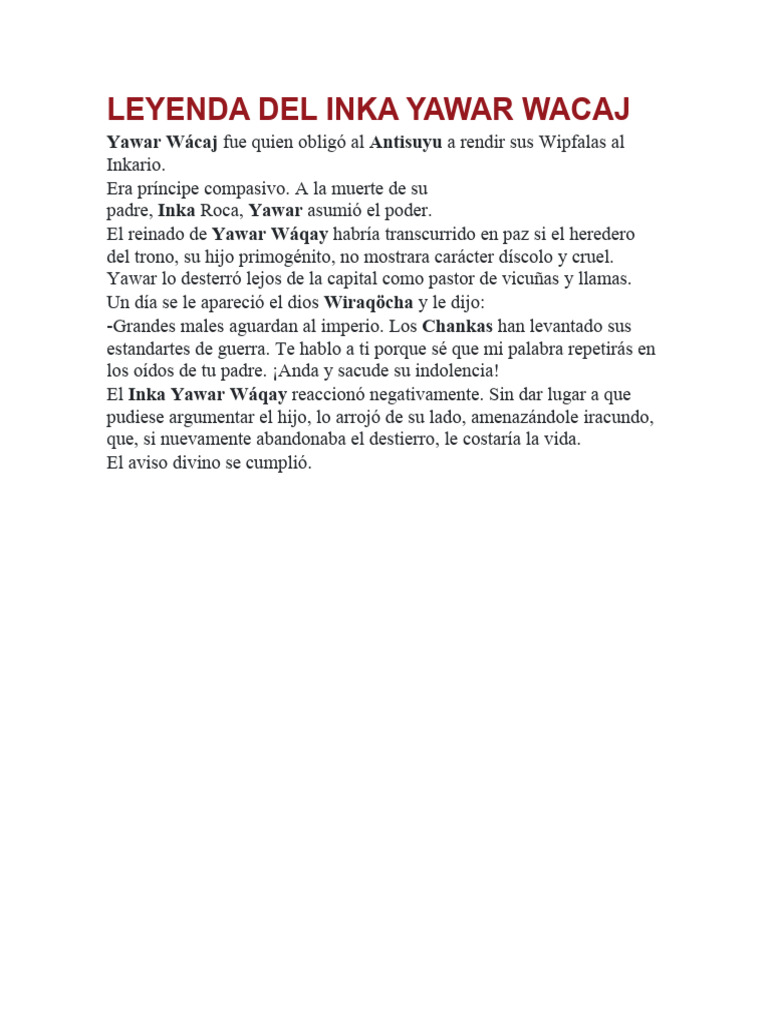 Leyenda de Yawar Wáqay y su destino | PDF
