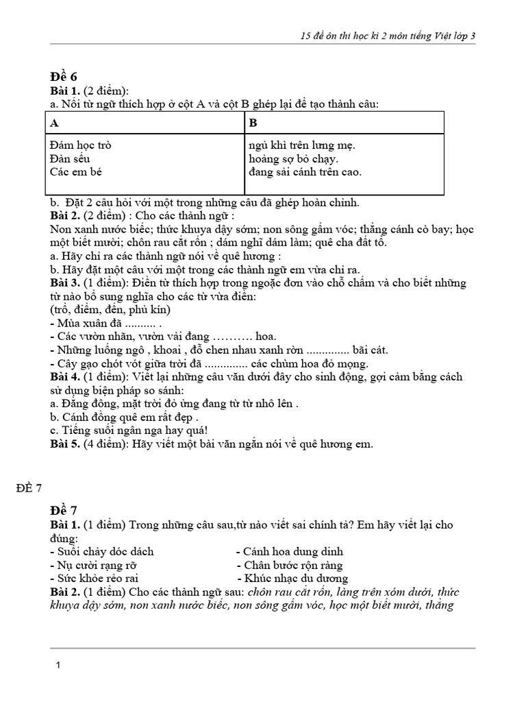 15 de On Thi Hoc Ki 2 Mon Tieng Viet Lop 3 | PDF