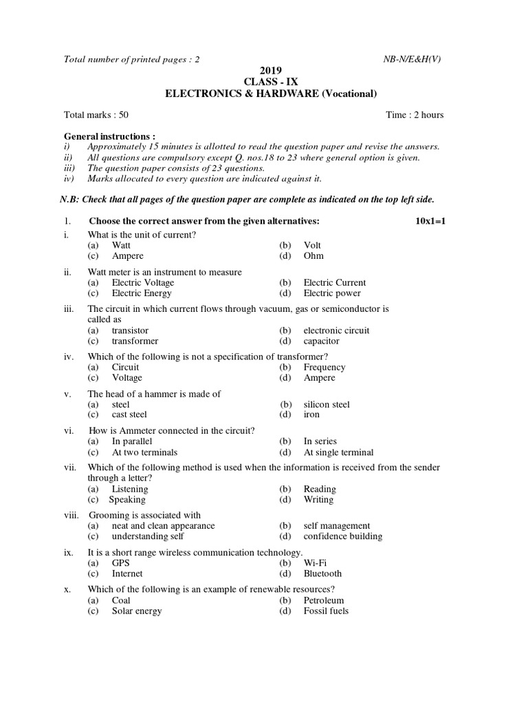 Class IX Electronics & Hardware Exam Paper | PDF | Electrical Network ...