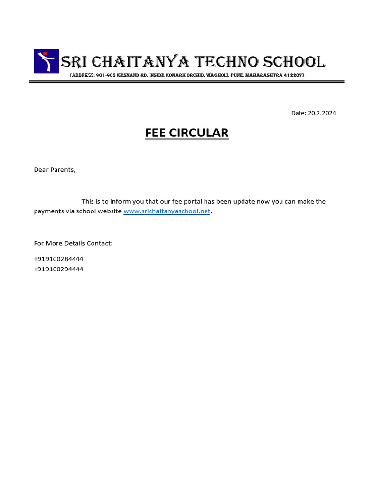 SRI CHAITANYA School Fee Update Notice | PDF