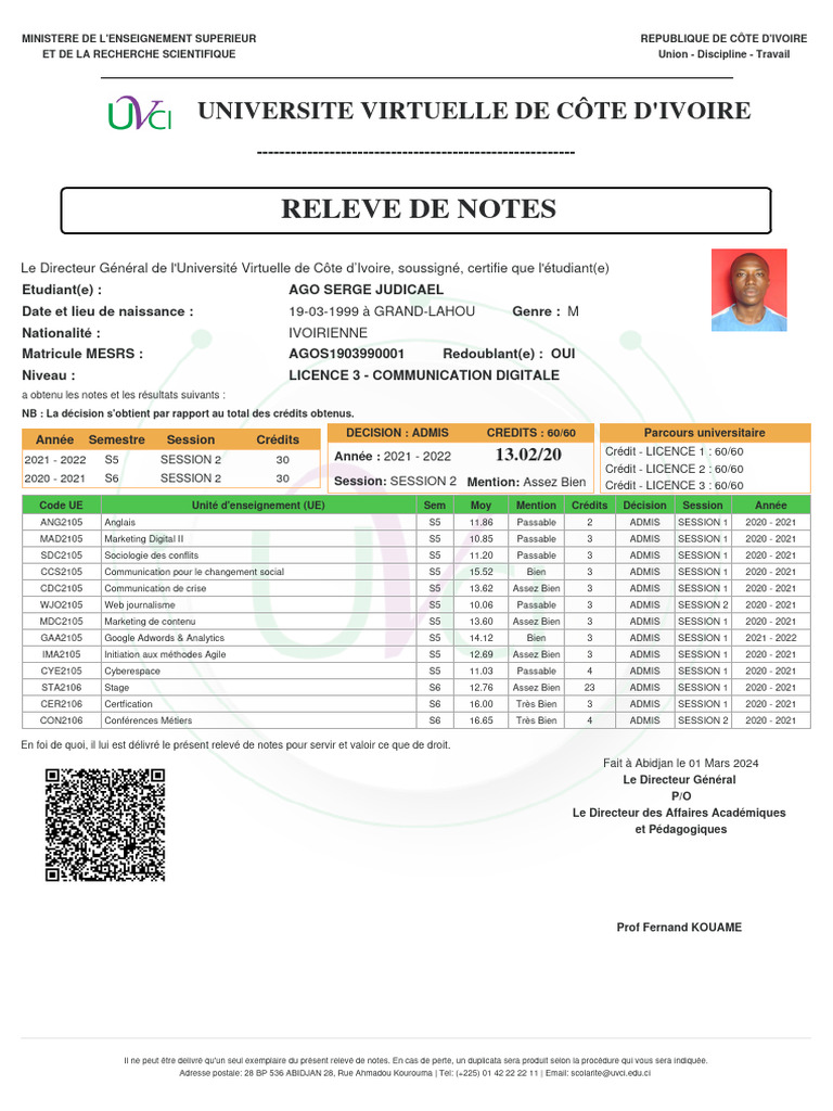 Relevé de Notes - Licence 3 UVCI | PDF
