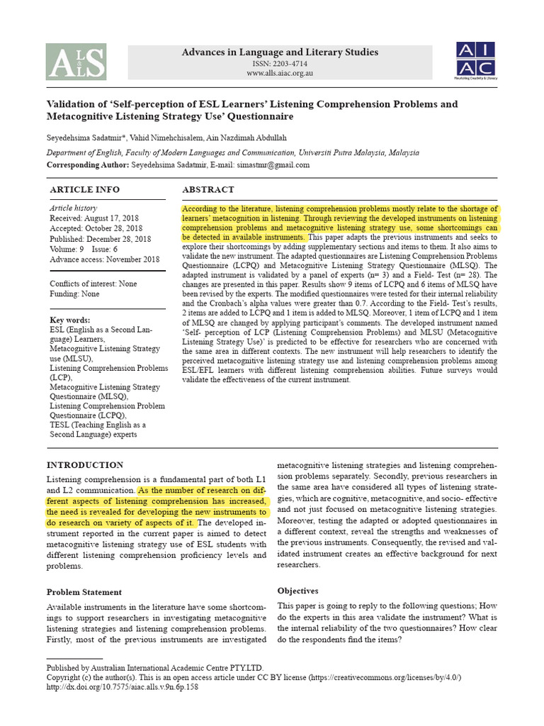 Validation of self perception of esl learners listening comprehension
