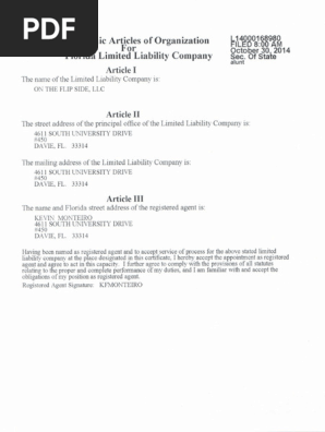 Articles of Organization for LLC - OTFSLLC 2018