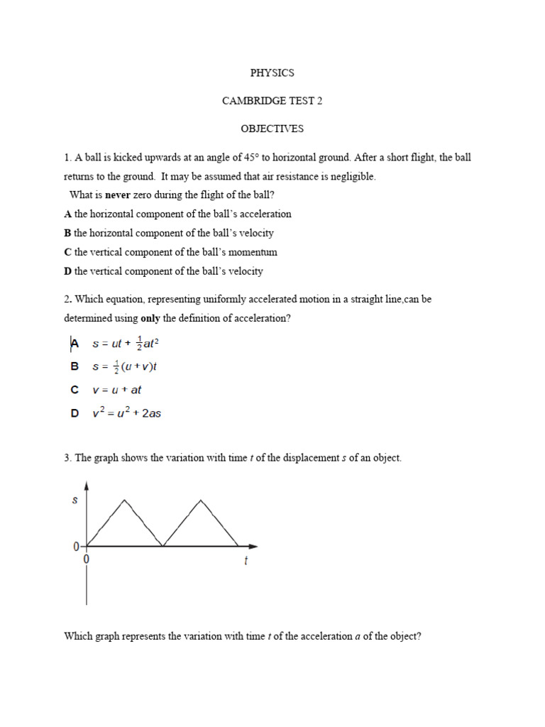 Physics Test: Kinematics and Motion | PDF | Acceleration | Velocity