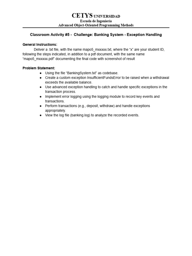 Classroom Activity #5 - Challenge - Banking System - Exception Handling ...