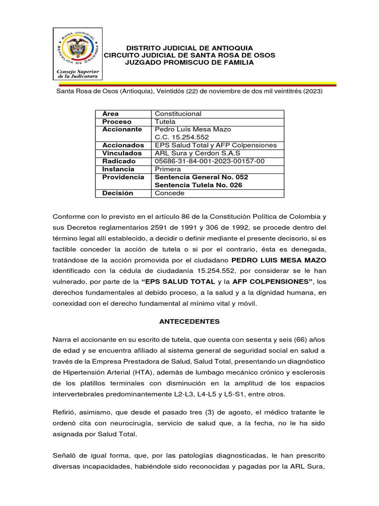 Sentencia de Tutela: Pedro Luis Mesa Mazo | PDF | Derecho laboral | Pensión