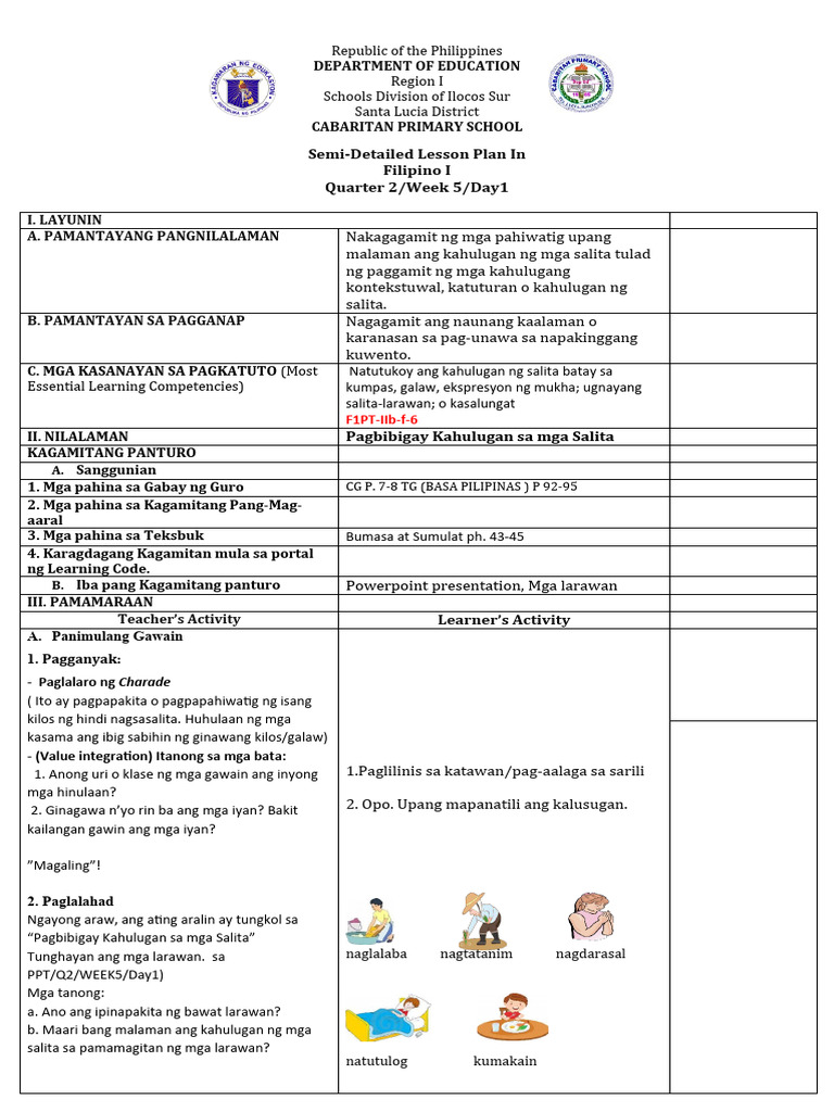 Detailed LP in Filipino 1 Qtr2-Wk5day1-Lornahalas | PDF