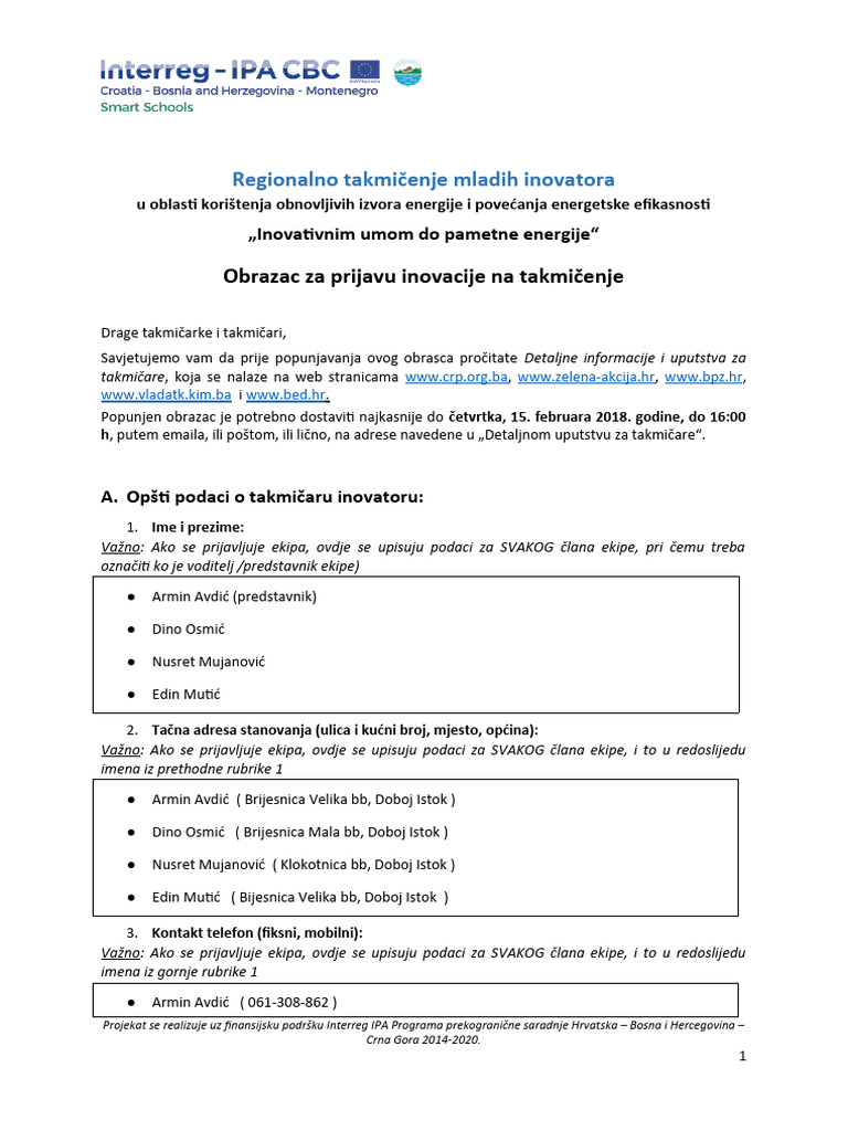 02 BiH Obrazac Za Prijavu Inovacije Na Takmicenje Xnado | PDF