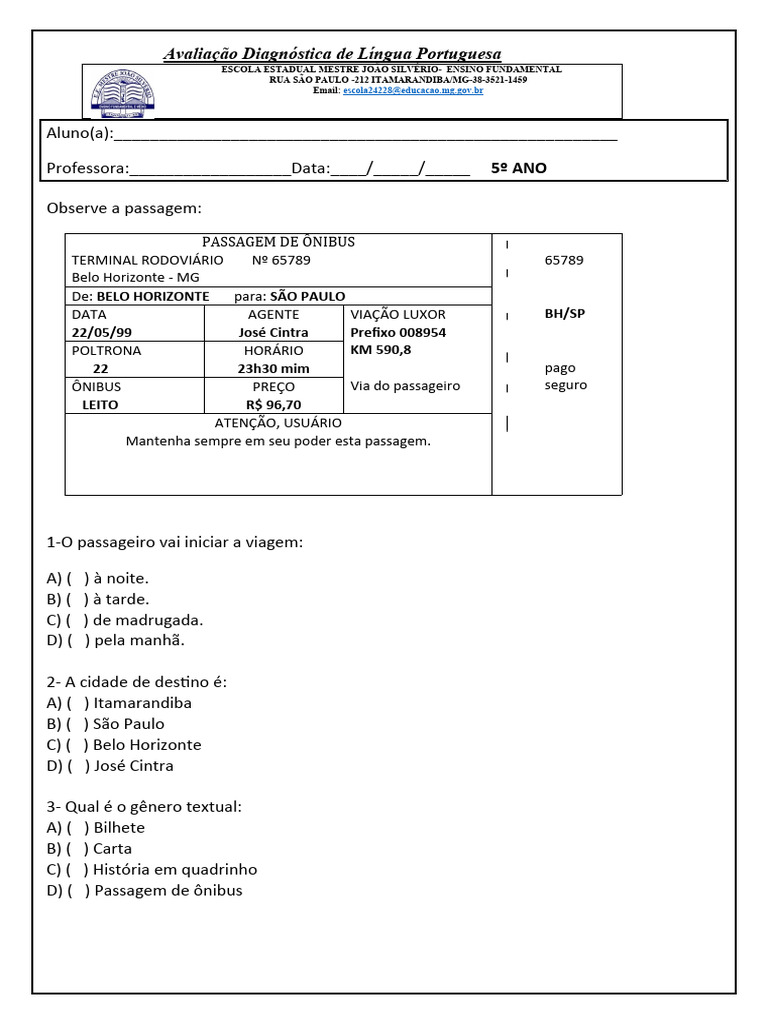 Avaliação Diagnóstica 5 Ano de Português em WORD. | PDF
