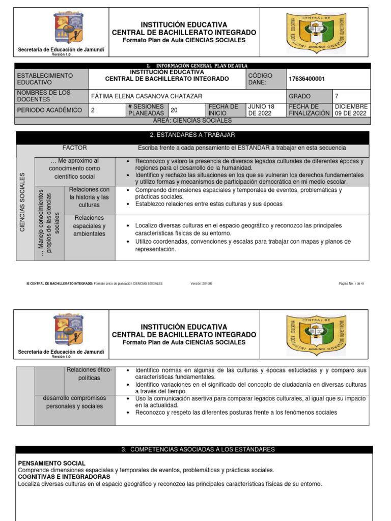 Formato Plan de Aula Ciencias Sociales | PDF | Salón de clases ...