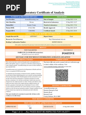 Covid 19 Test Result Certificate AST070017