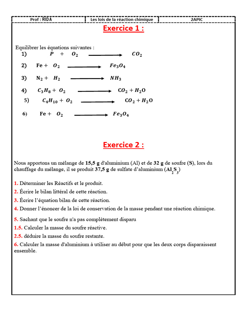 Exercices sur l'équilibrage chimique | PDF | Méthodes et références ...
