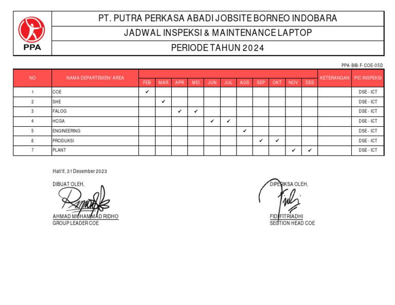 Jadwal Inspeksi Laptop 2024 | PDF | Komputer