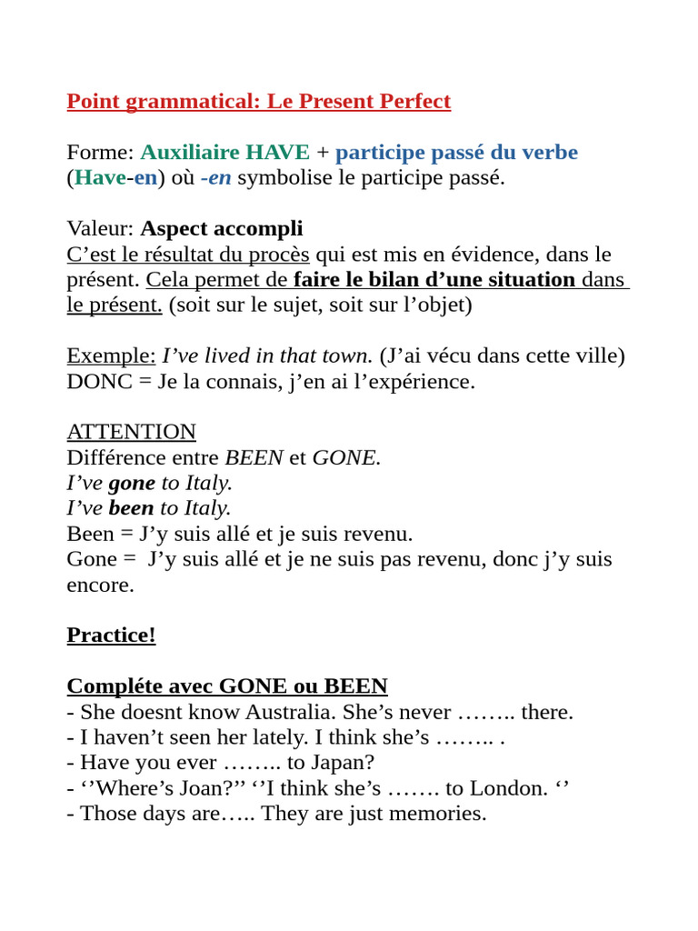 Comprendre le Present Perfect | PDF