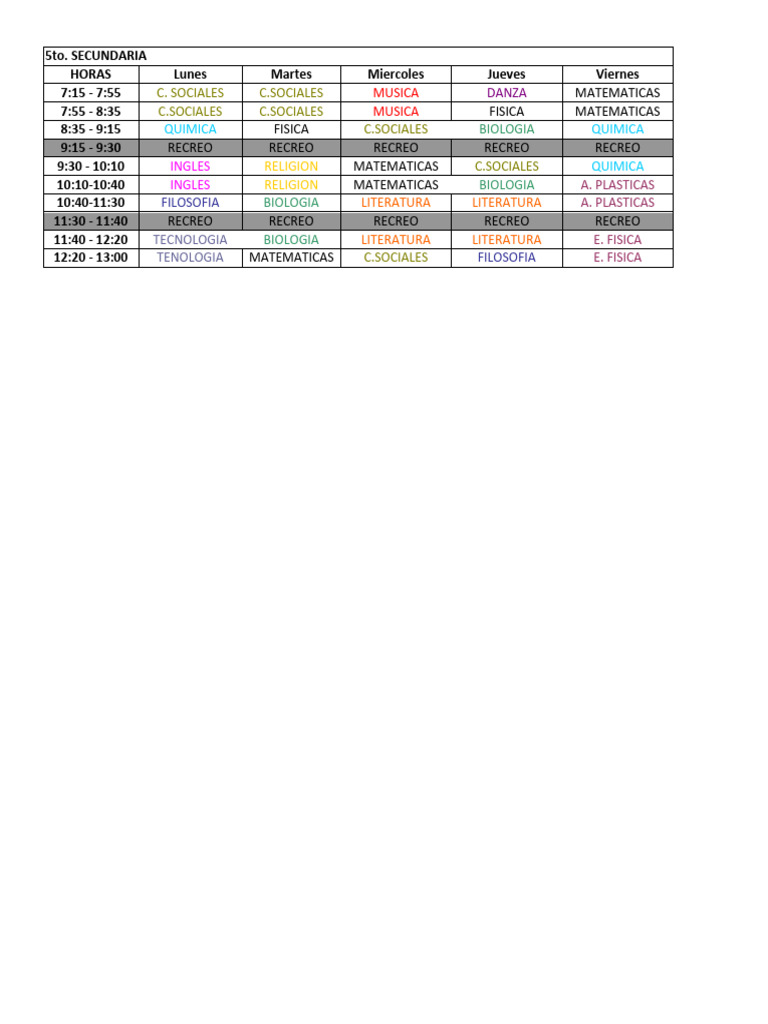 Horario Quinto Secundaria 2024 | PDF | Ciencias sociales | Ciencia y ...