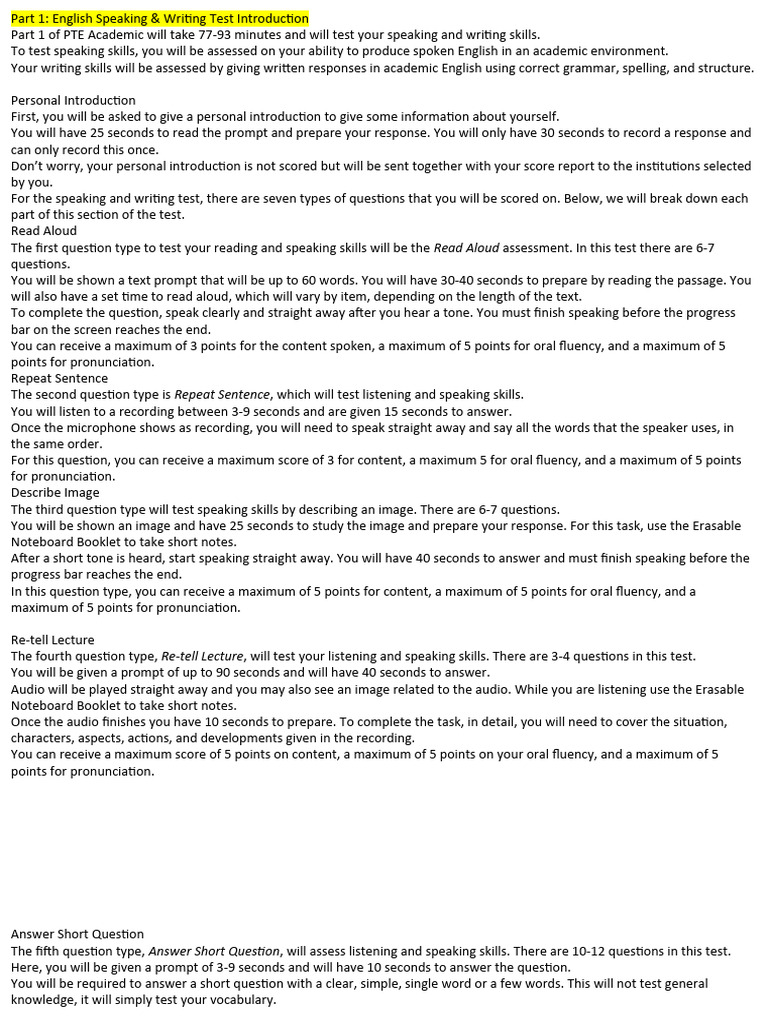 Key Points of PTE Speaking & Writing Test | PDF | English Language ...