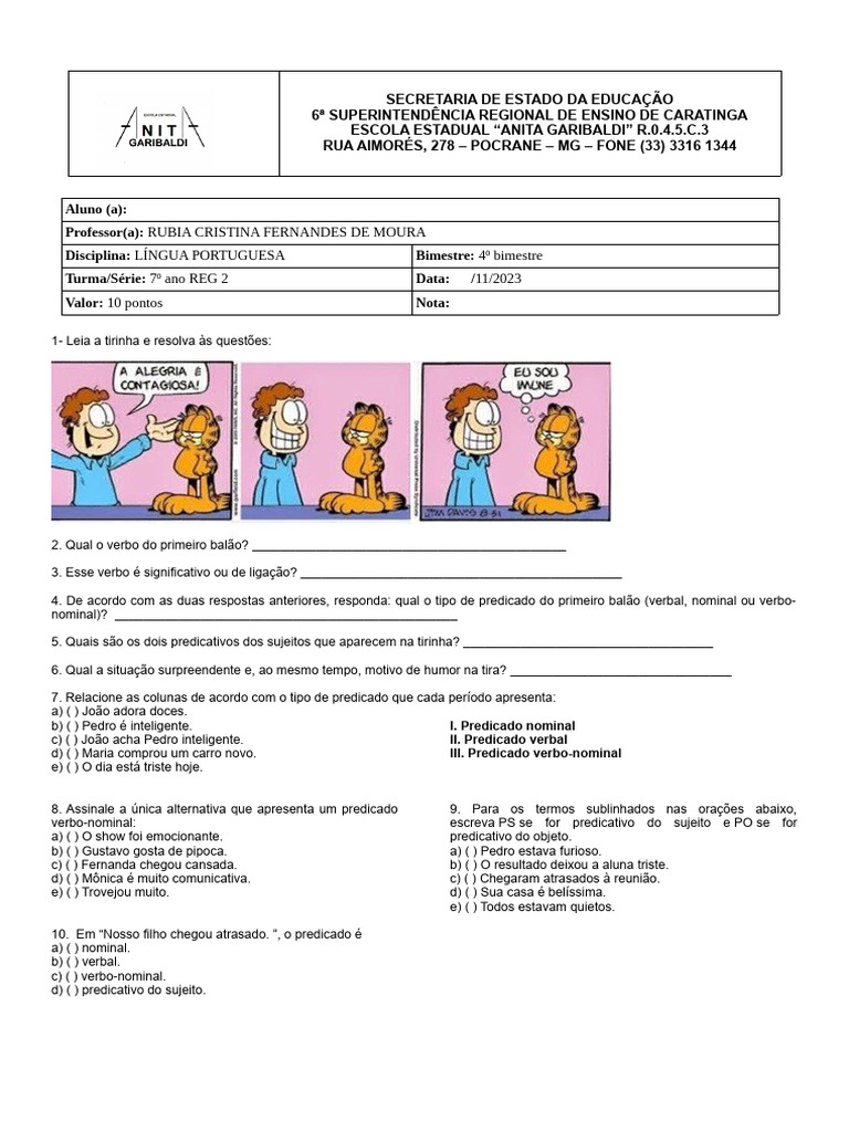 Prova de Portugues 7º Ano | PDF