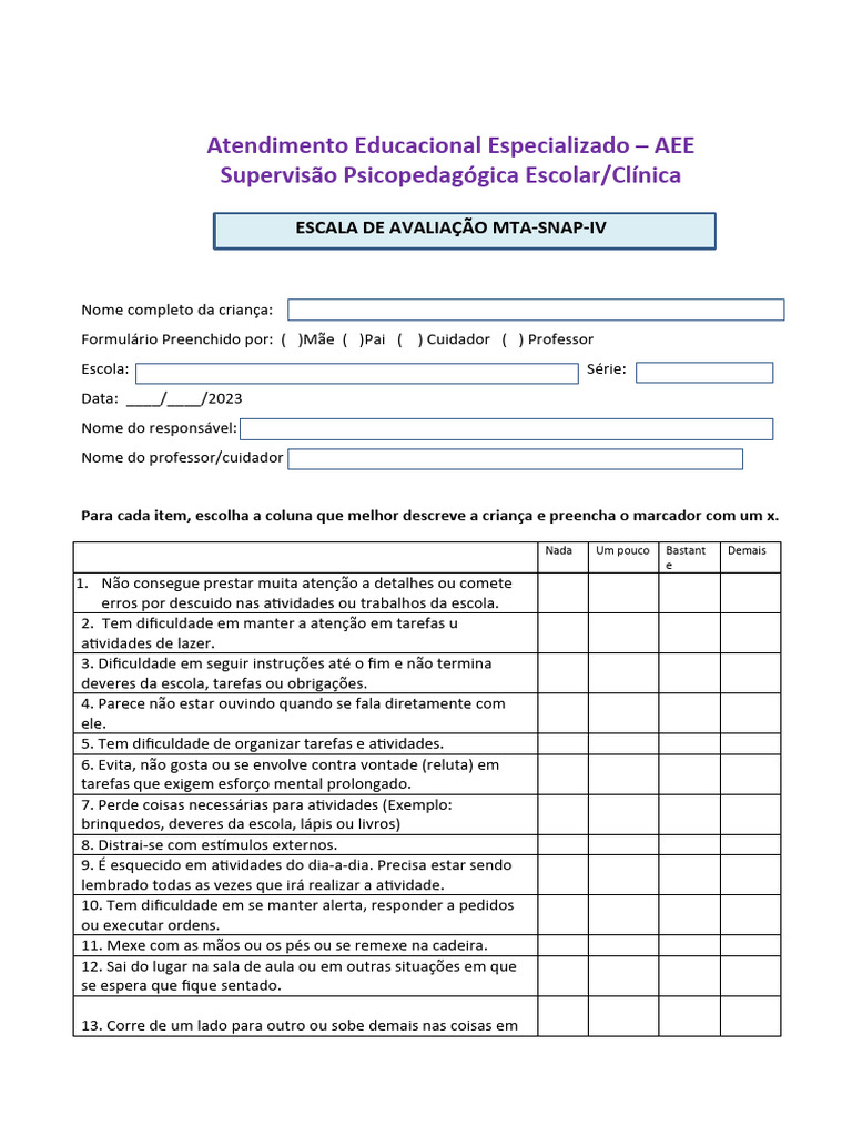 Escala de Avaliação para Pais, Professores e Cuidadores MTA-SNAP IV | PDF