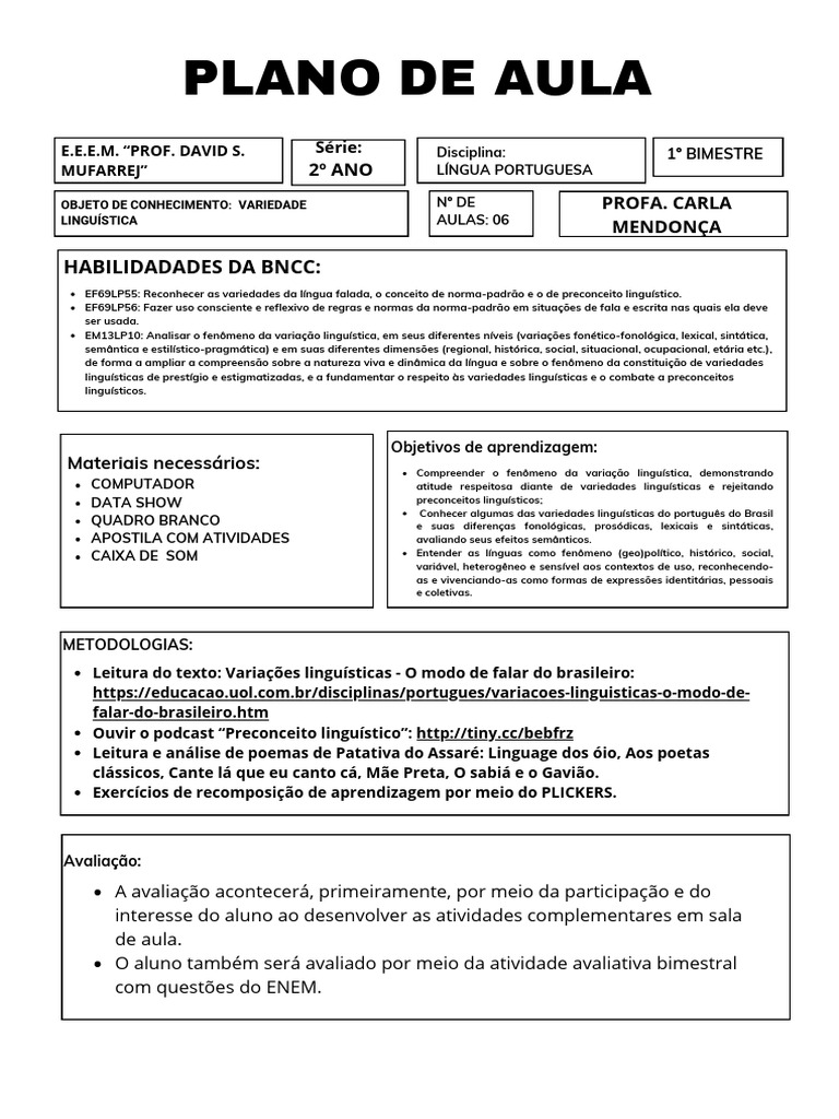 Plano de Aula - Variedade Linguística | PDF | Linguística | Aprendizado