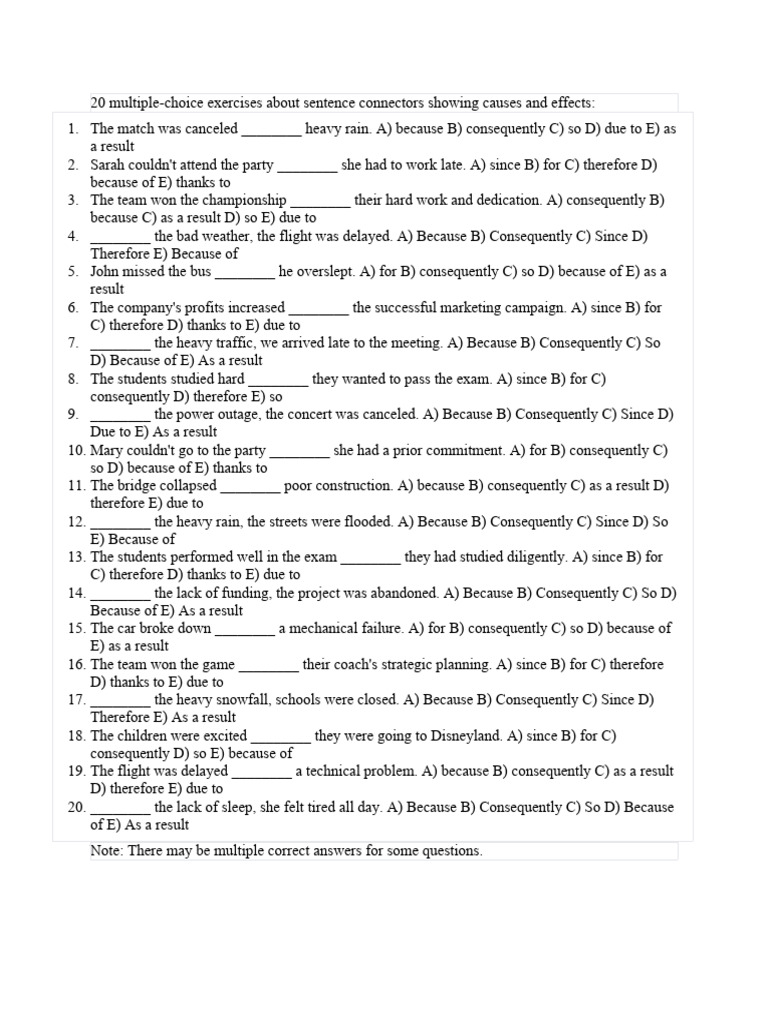 Sentence Connectors: Causes & Effects Exercises | PDF | Multiple Choice ...