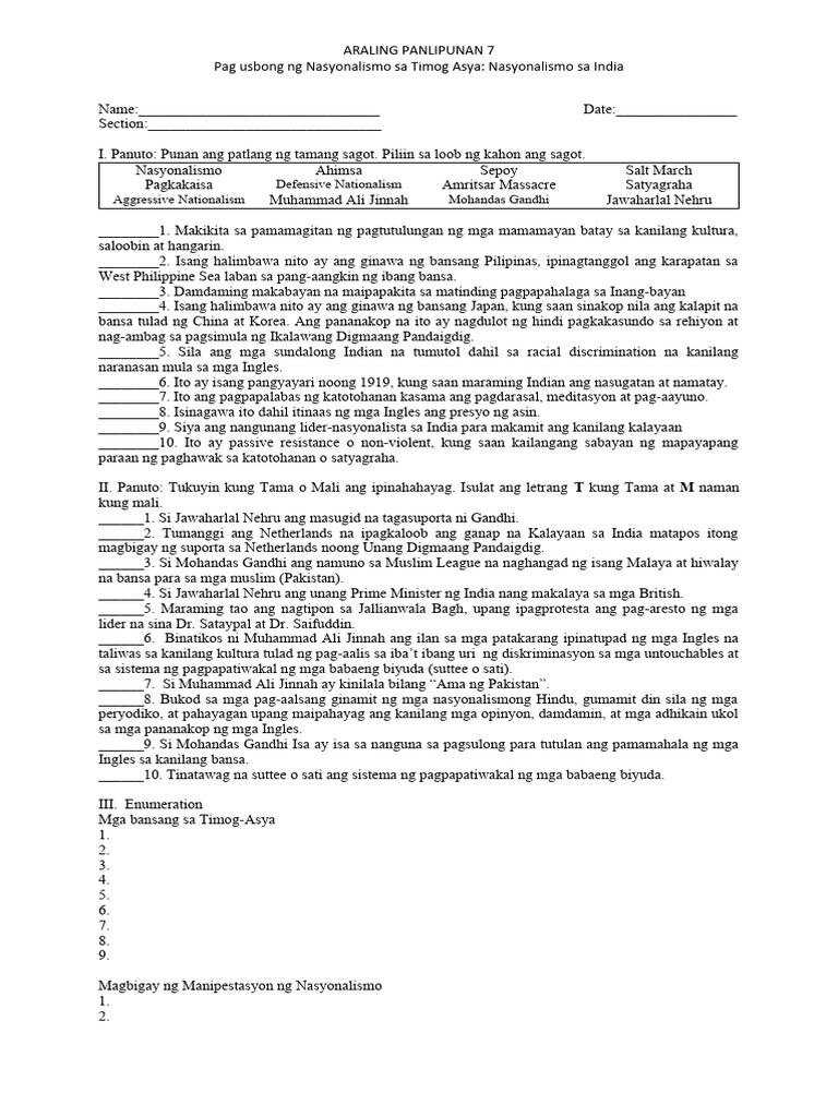 Nasyonalismo Quiz Pdf