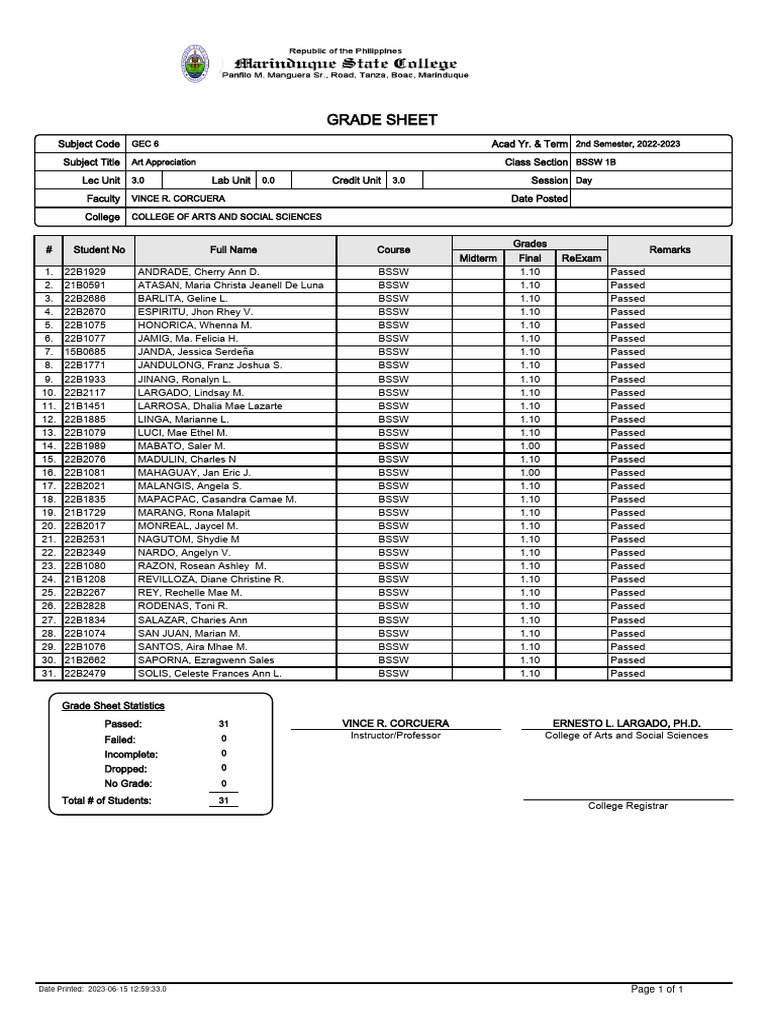 Grade sheet basc pdf