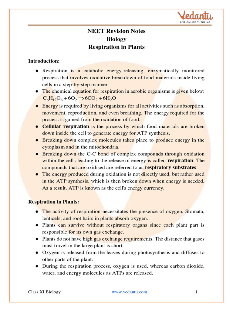 Respiration in Plants Class 11 Notes NEET Biology [PDF] | PDF ...