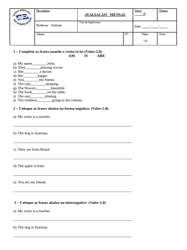 Prova de Inglês 6 Ano Mensal 4 Bimestre | PDF