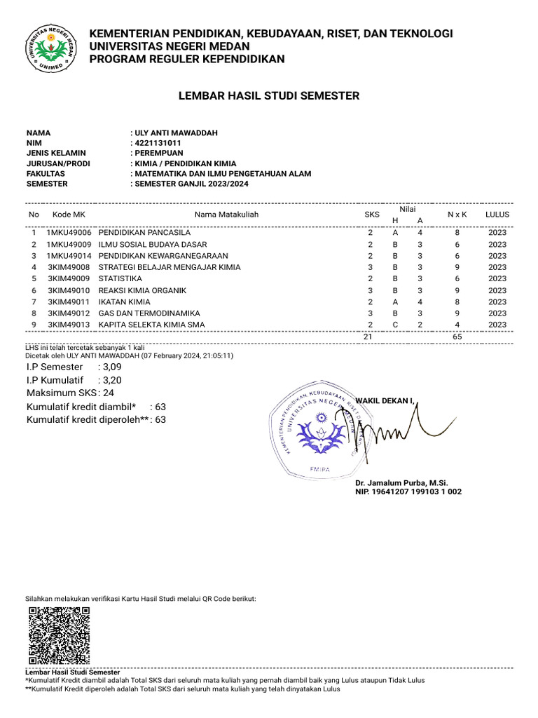 Kartu Hasil Studi Khs Akad Unimed Pdf