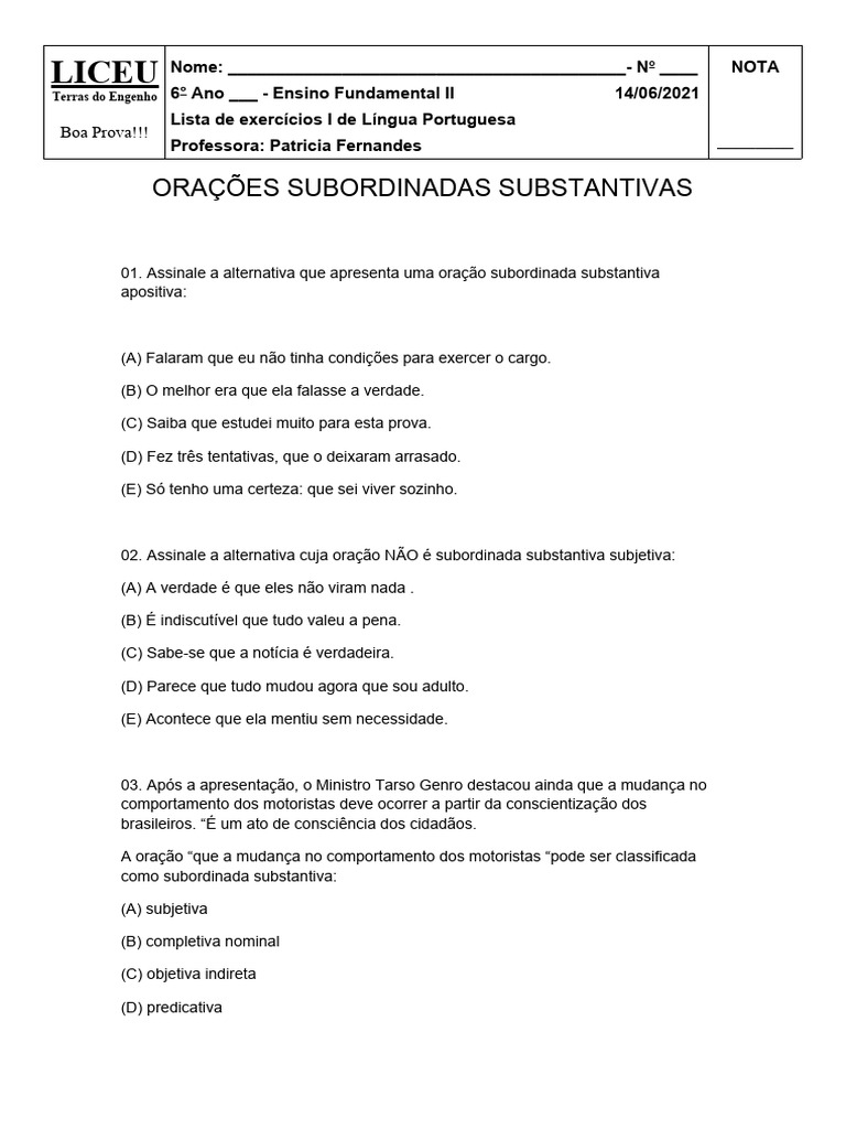 Exercícios sobre Orações Subordinadas Substantivas | PDF | Linguística
