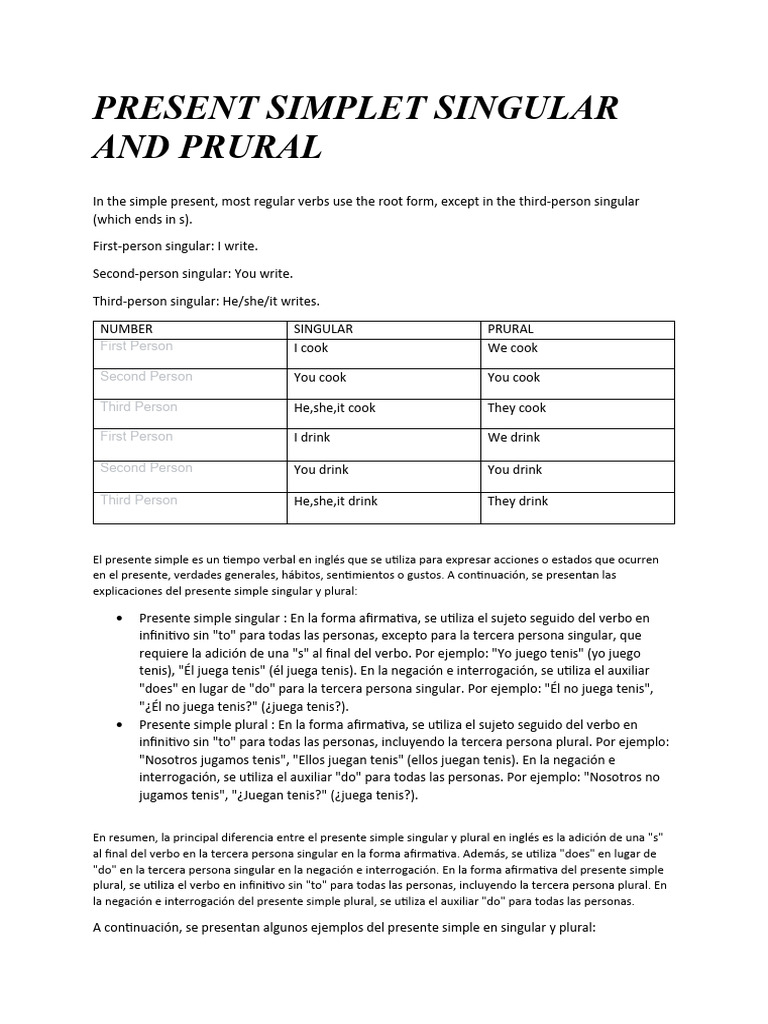 Presente Simple: Singular y Plural | PDF