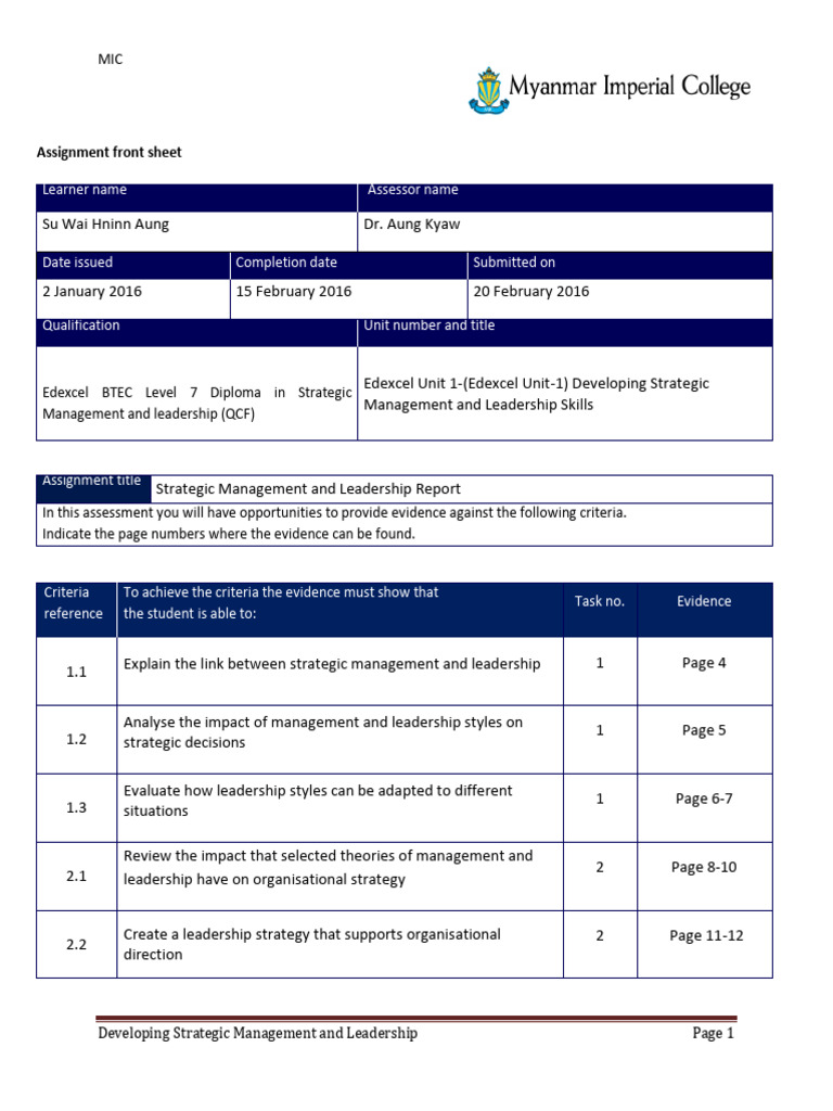 Strategic Management & Leadership Report | PDF | Leadership | Strategic ...