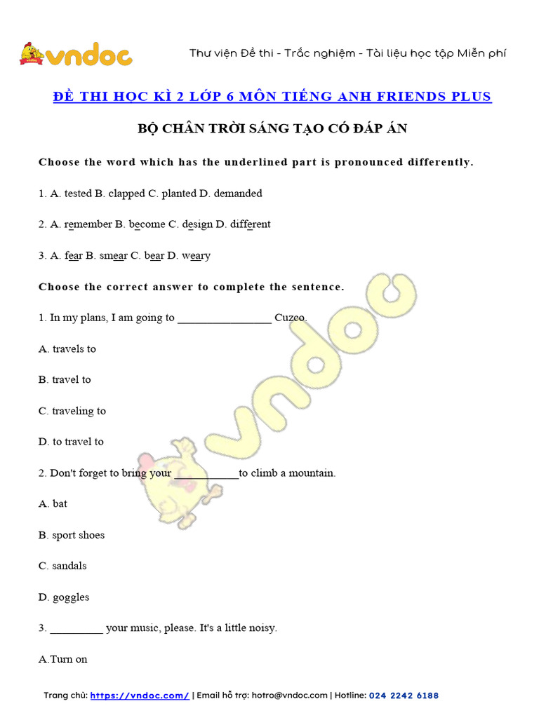 De Thi Tieng Anh Lop 6 Hoc Ki 2 Chan Troi Sang Tao Nam 2022 So3 | PDF