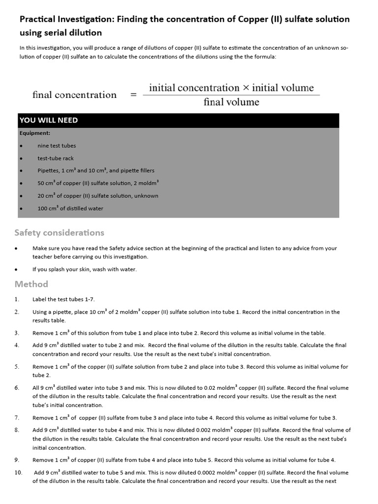Serial Dilution of Copper Sulfate Solutions | PDF | Concentration ...