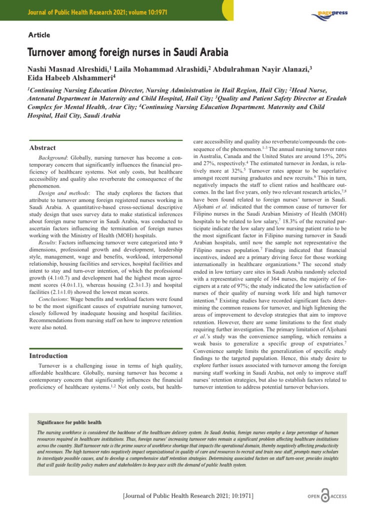 Turnover Among Foreign Nurses in Saudi Arabia | PDF | Nursing ...