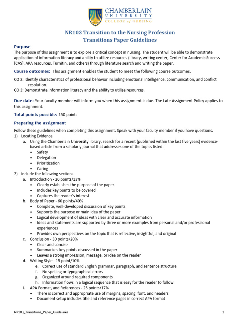 NR103 Transitions Paper Guidelines | PDF | Apa Style | Citation