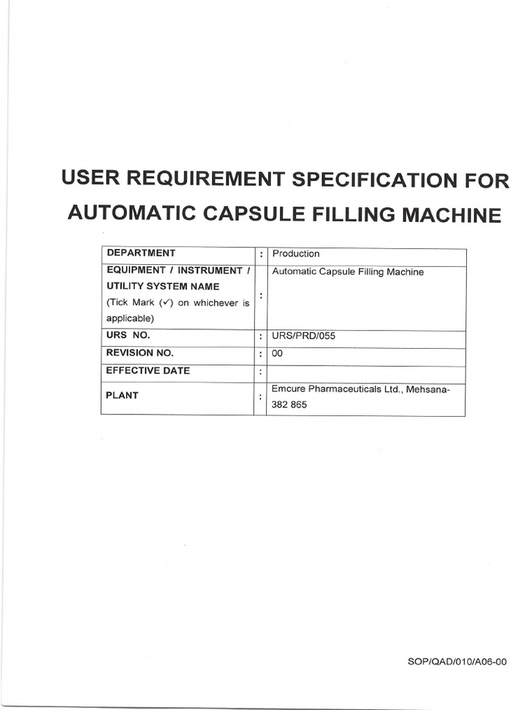 URS For Capsule Filling Machine Emcure | PDF