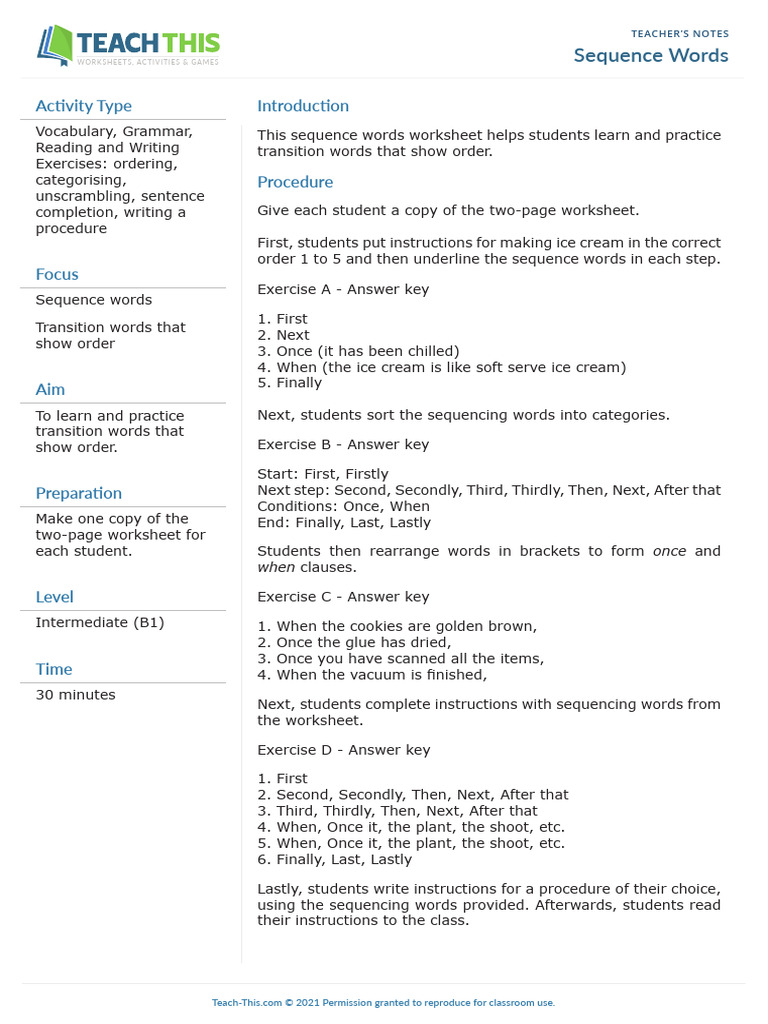 Sequence Words Worksheet for Students | PDF