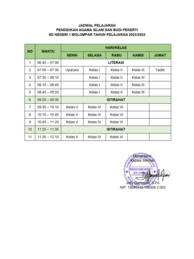 Jadwal Pelajaran 23-24 | PDF
