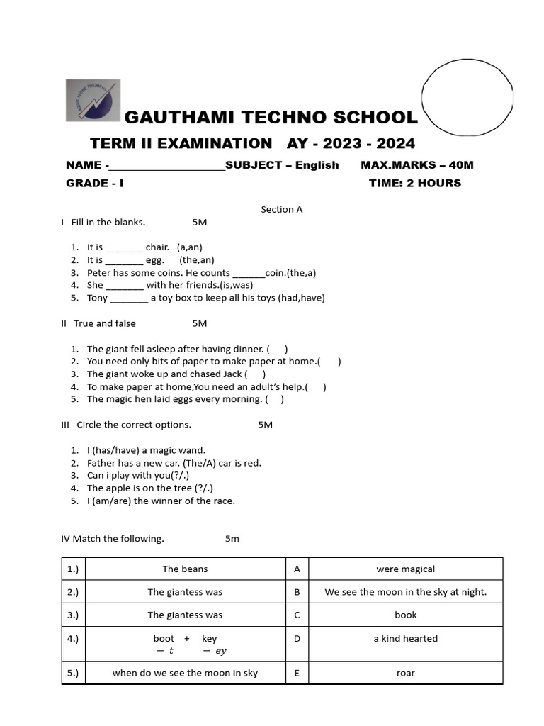 Grade 1 eng Question paper (2).docx | PDF