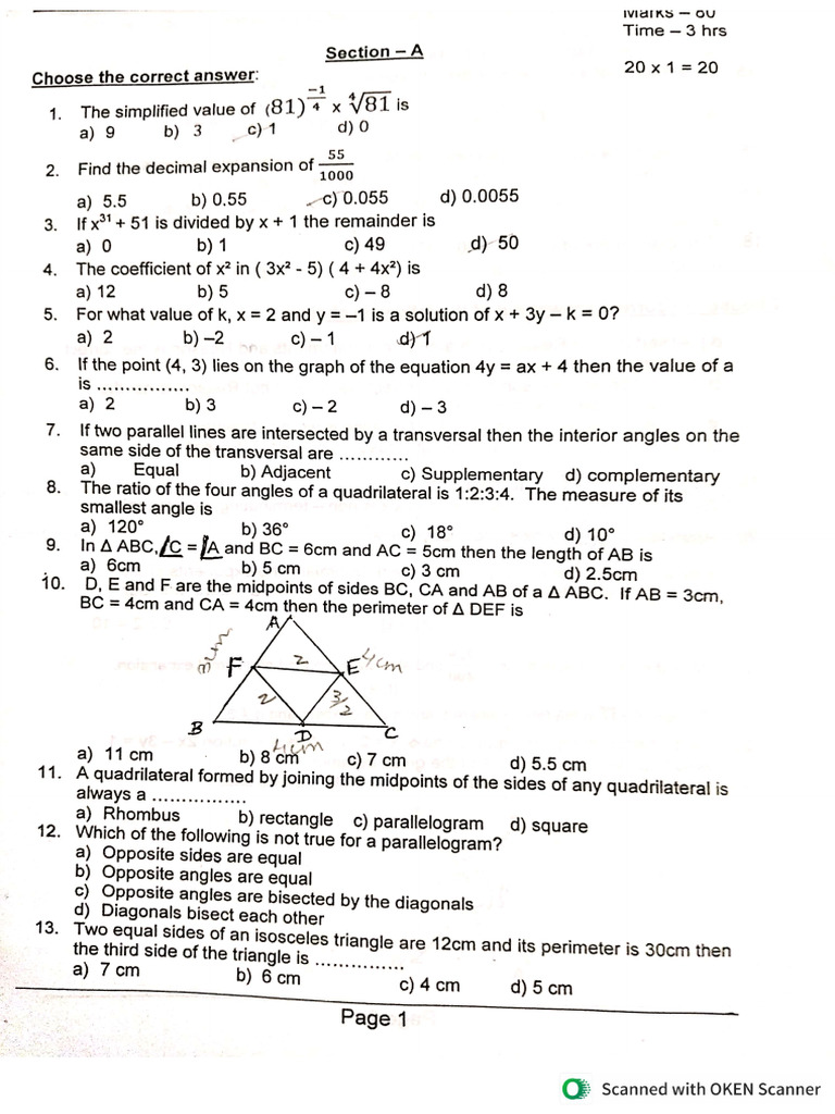 J V School Half Yearly Maths 9th | PDF