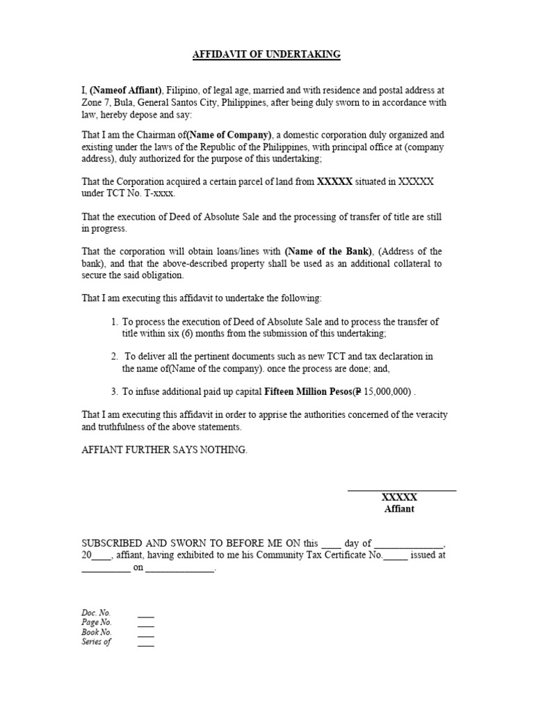 Affidavit of Undertaking Sample Format | PDF | Finance & Money ...