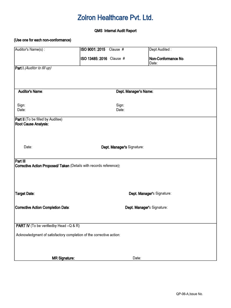 Zolron Healthcare QMS Audit Report | PDF | Business | Technology ...