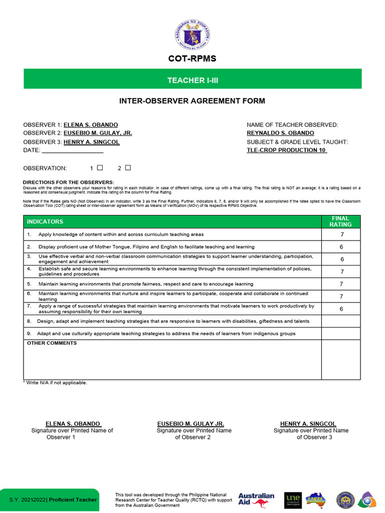 Teacher Inter-Observer Agreement Form | PDF | Learning | Teachers