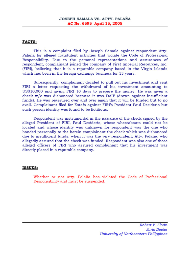 SAMALA VS. ATTY. PALAÑA - Digest | PDF | Lawyer | Canon Law