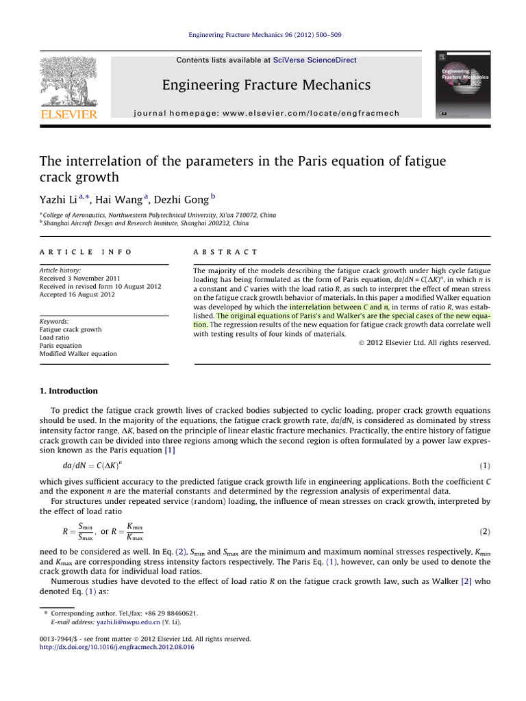 1 The Interrelation Of The Parameters In The Paris Equation Of Fatigue
