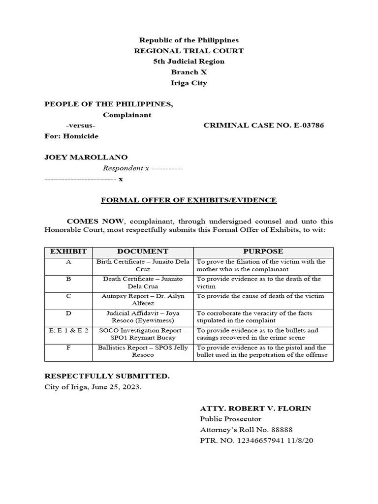 Formal Offer of Evidence in Homicide Case | PDF