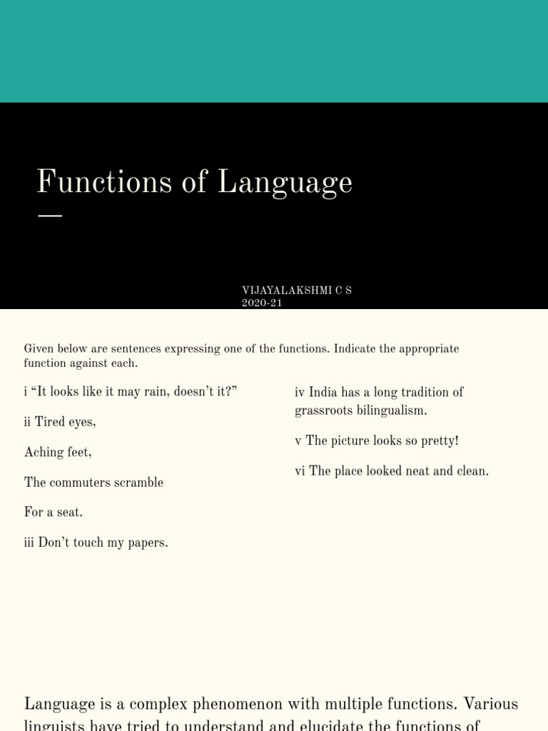 Functions of Language: Vijayalakshmi C S 2020-21 | PDF | Language Arts ...