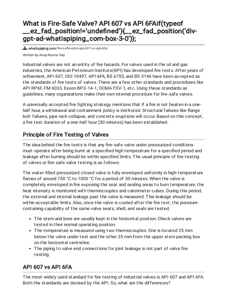 What Is Fire-Safe Valve - API 607 Vs API 6FA | PDF | Valve | Applied ...
