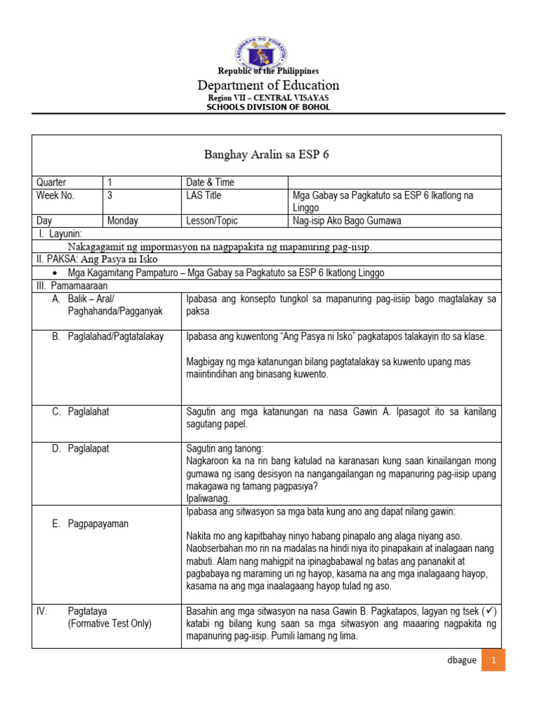 Department of Education: Banghay Aralin Sa ESP 6 | PDF
